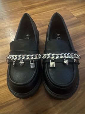 Sugar Black Kids Loafers with Silver Charm Chain